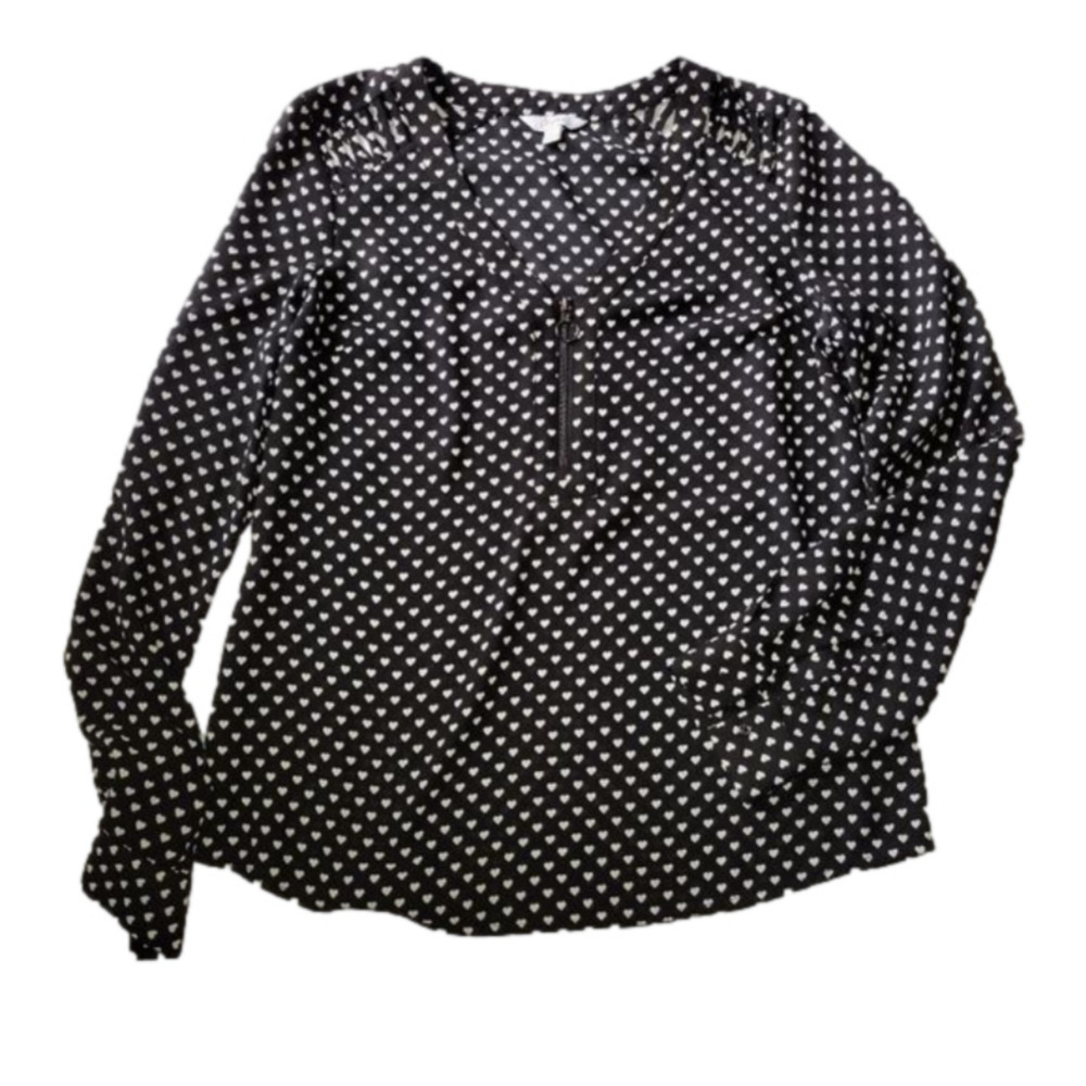 Candie's Black Beige Heart Zip V-neck Top Medium Mint Condition